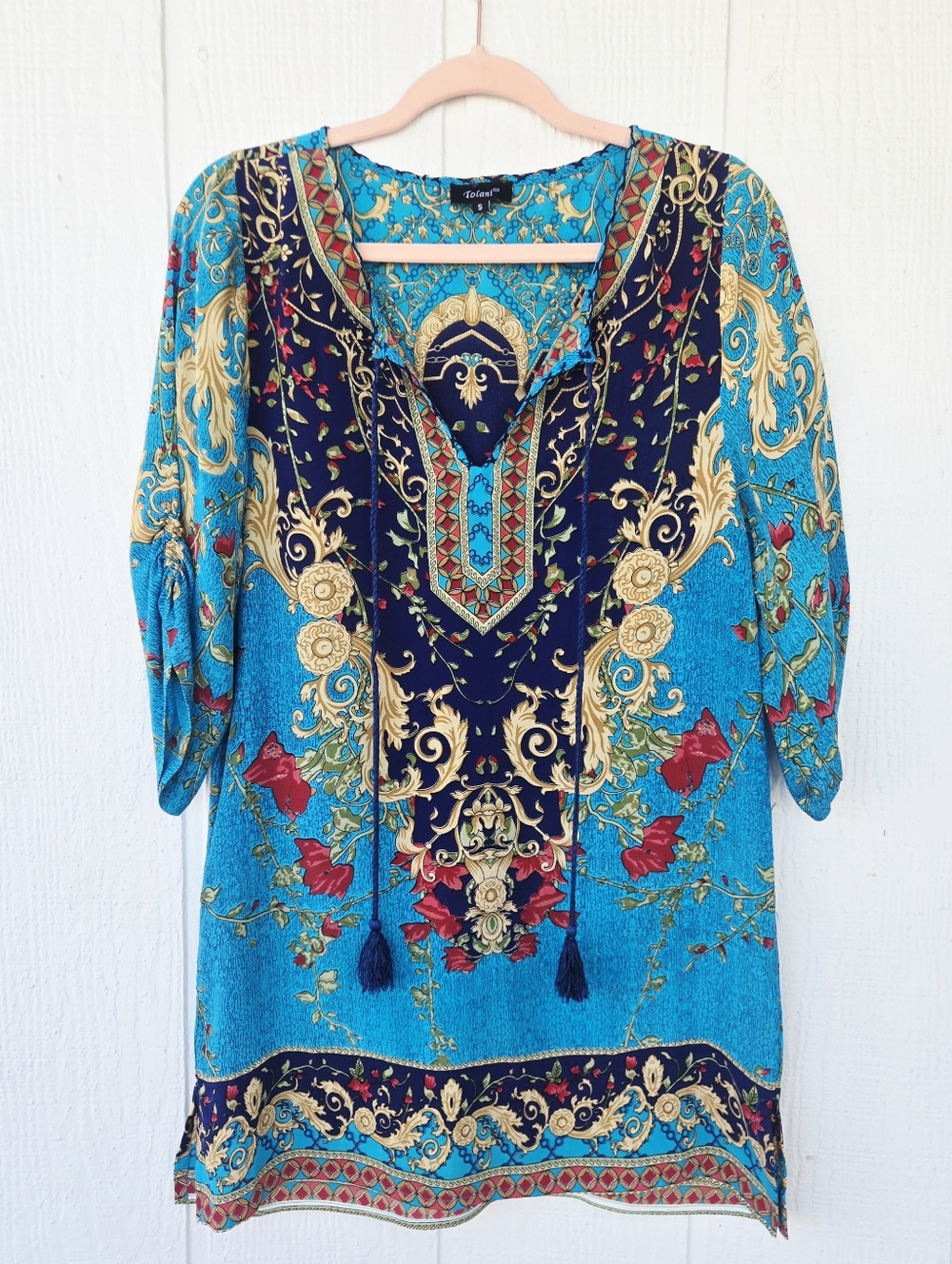Tolani 100% Silk Boho Western Tassel Tie Keyhole V Neck Ruched Tunic Mini Large
